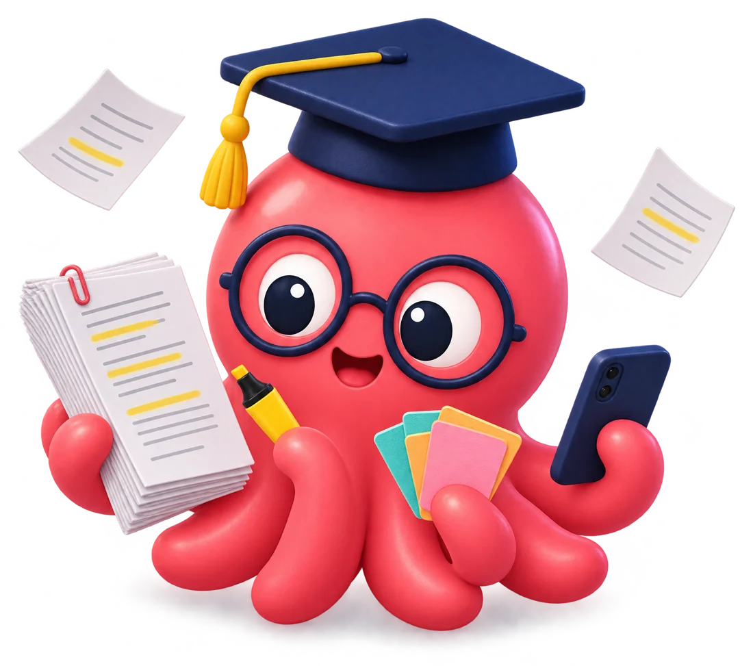 Loo the octopus holding lecture notes, a highlighter, flashcards and a phone