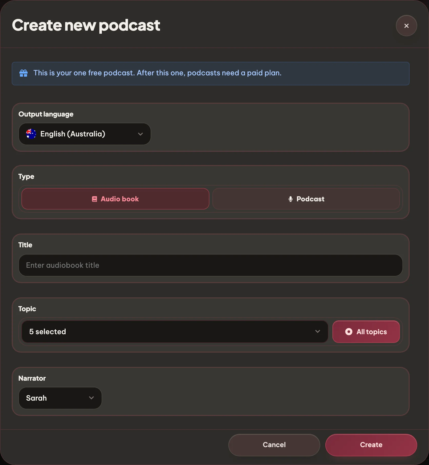 Choose podcast or audiobook