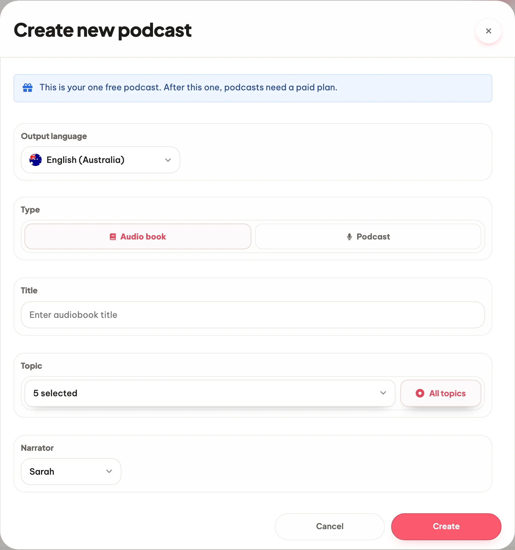 Choose podcast or audiobook
