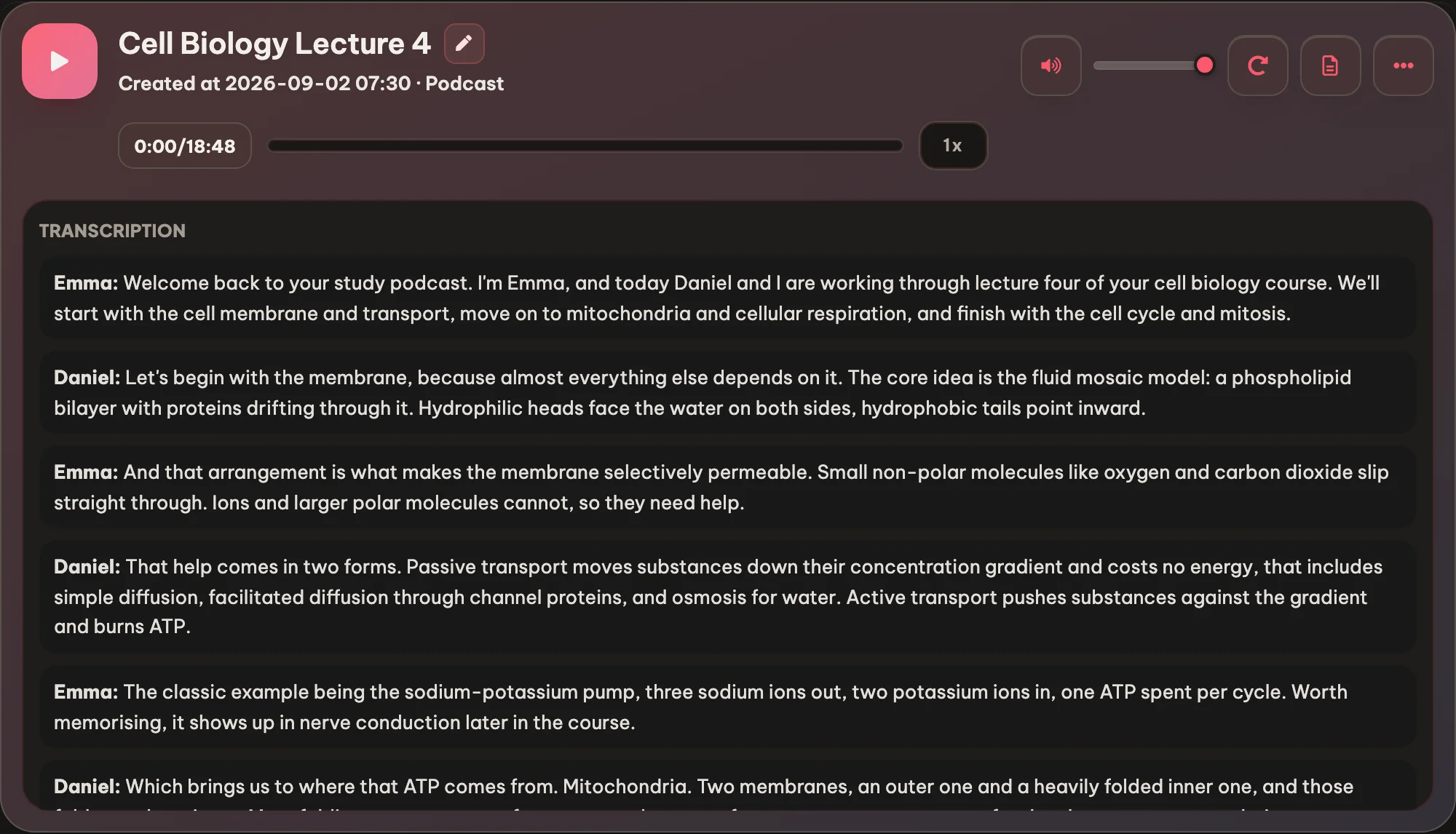 A two-voice podcast transcript about the cell membrane