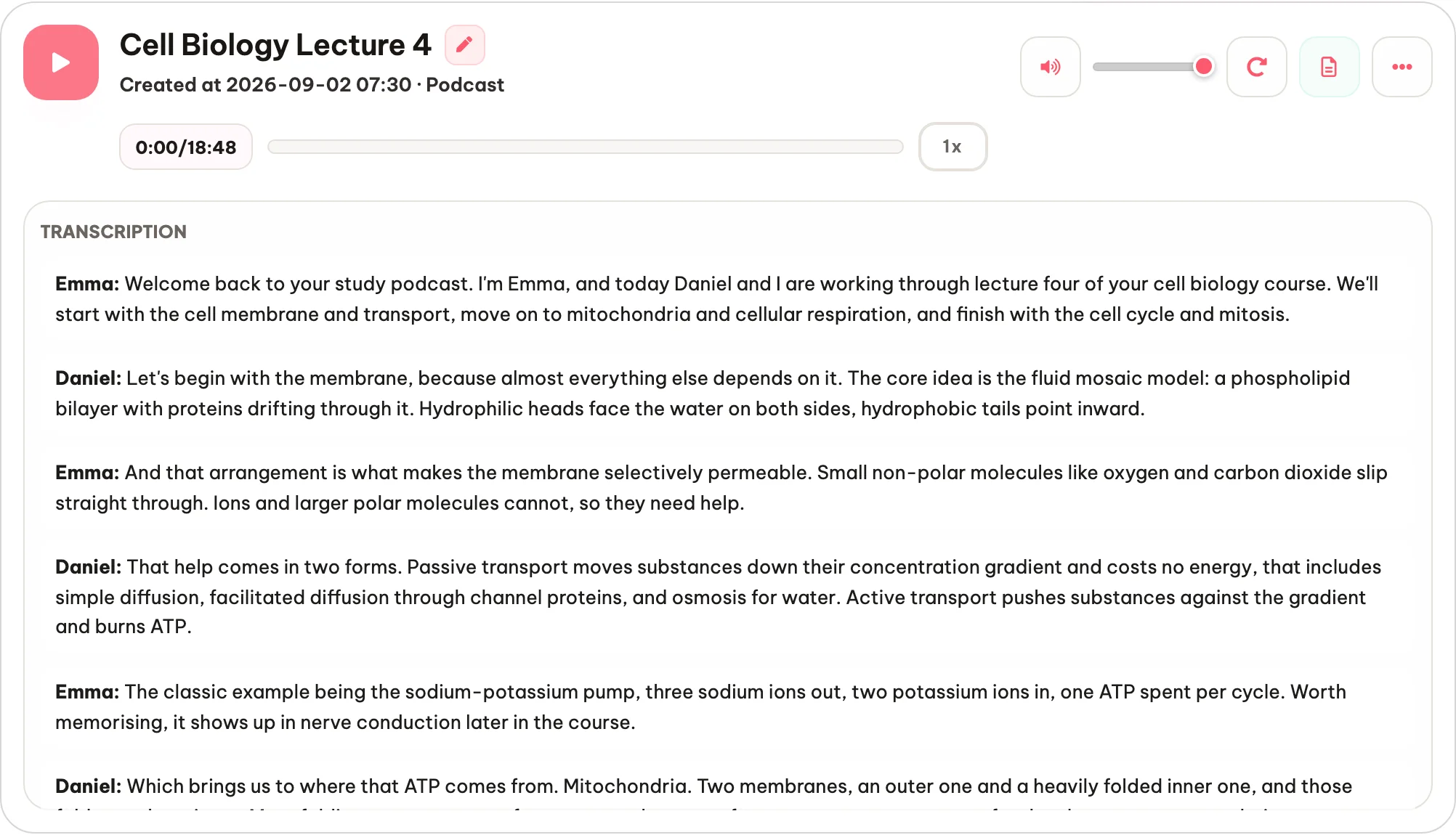 A two-voice podcast transcript about the cell membrane